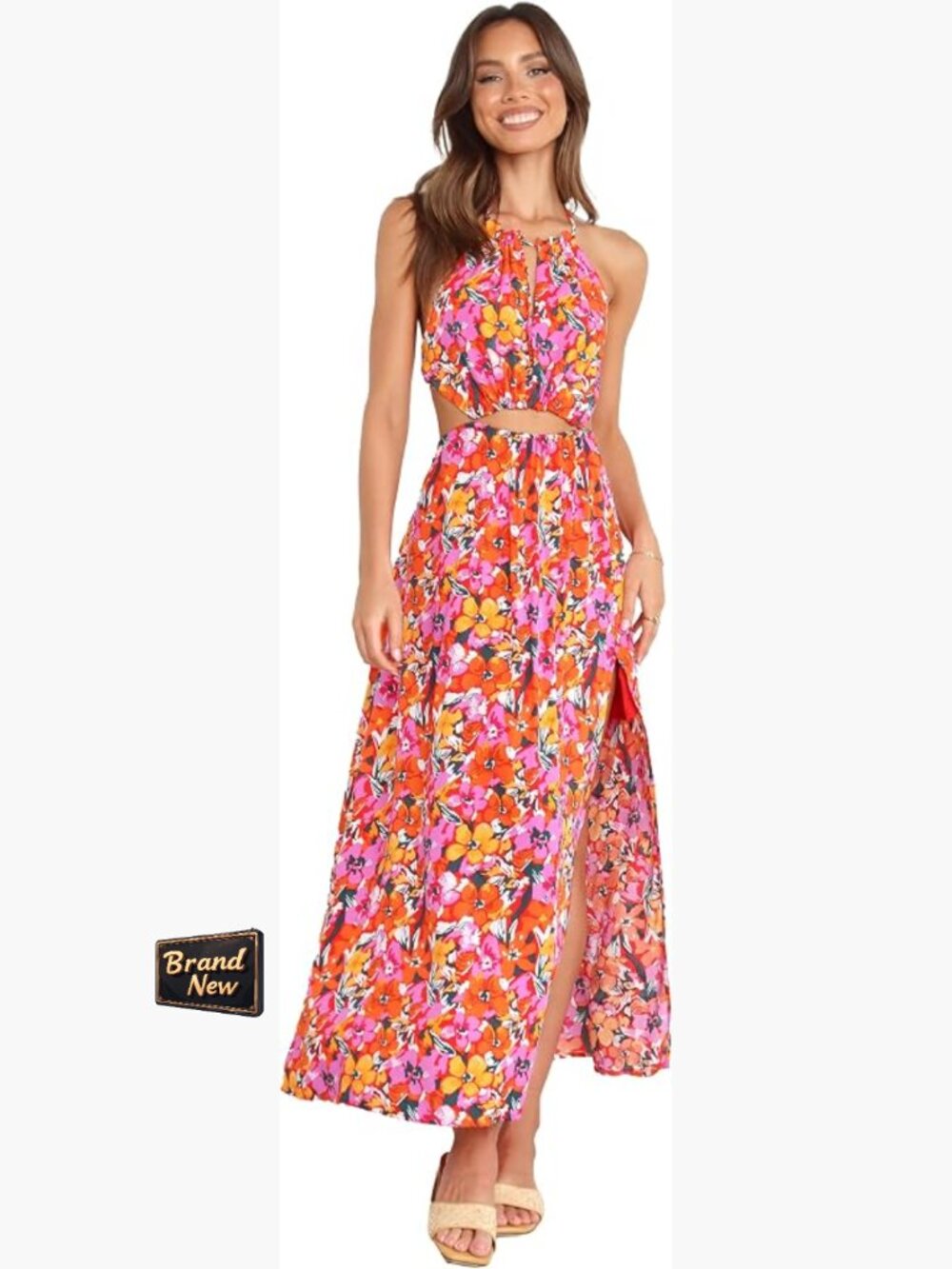 Floral Halter Maxi Dress with Open Back and Side Split
